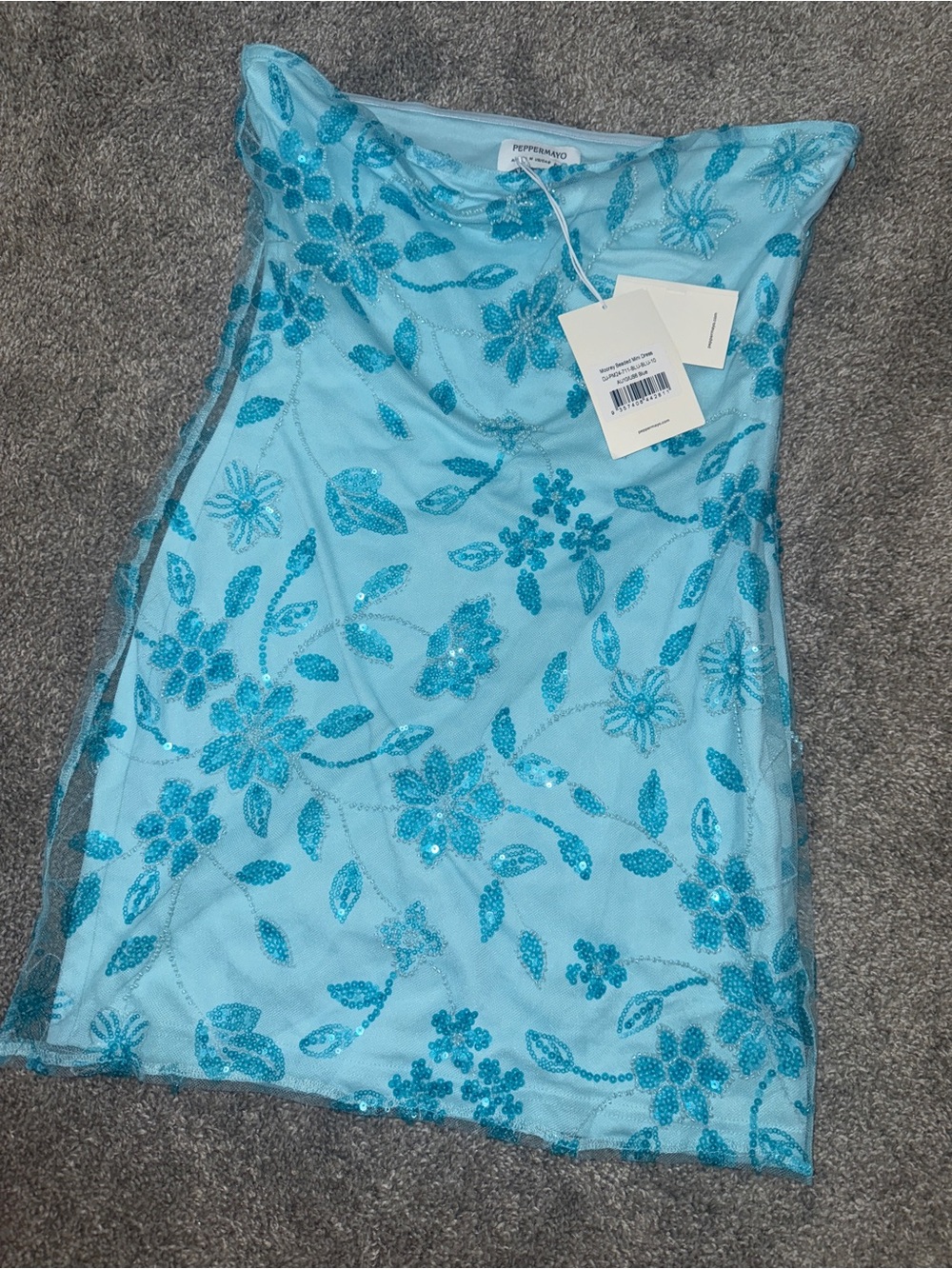 Peppermayo Blue Sequined Floral Strapless Mini Dress